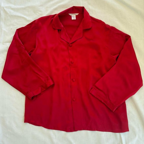 100% Silk La Vie en Rose Red Long Sleeve Collared Button Down Blouse Shirt - Picture 1 of 6